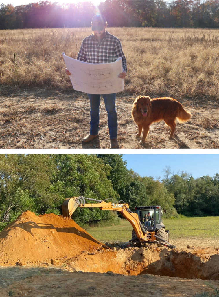 man holding house plans , backhoe digging a hole